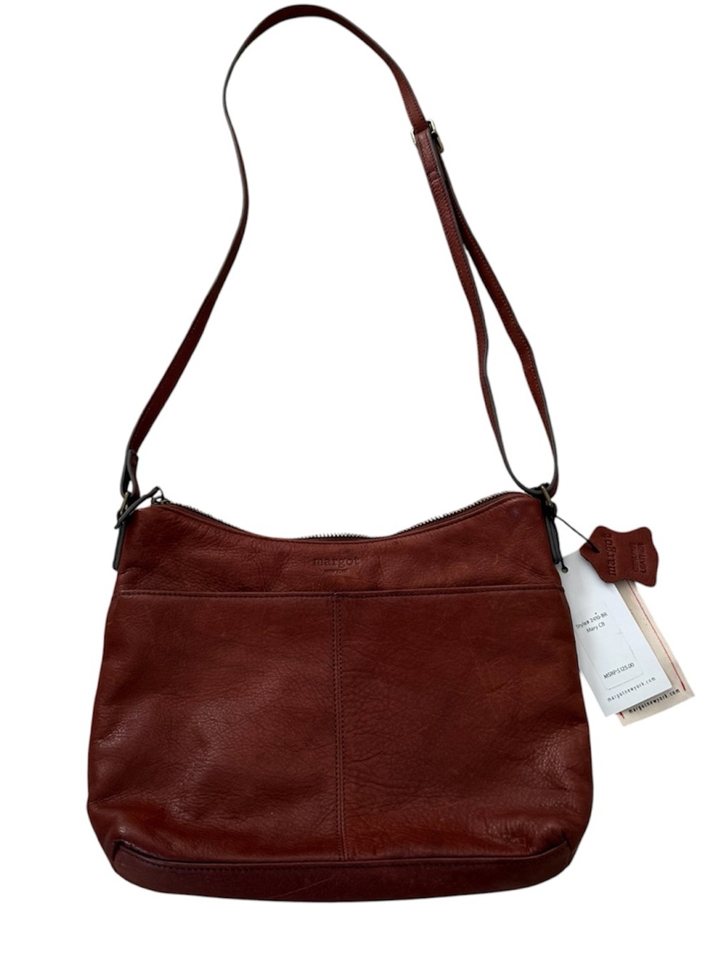 NWT Margot New York Leather Mary Scoop Double Zipper Crossbody Bag In Brandy